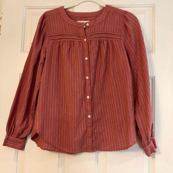 Loft Women’s Button Down Long Sleeve Blouse Pink White Size Small - Picture 1 of 10